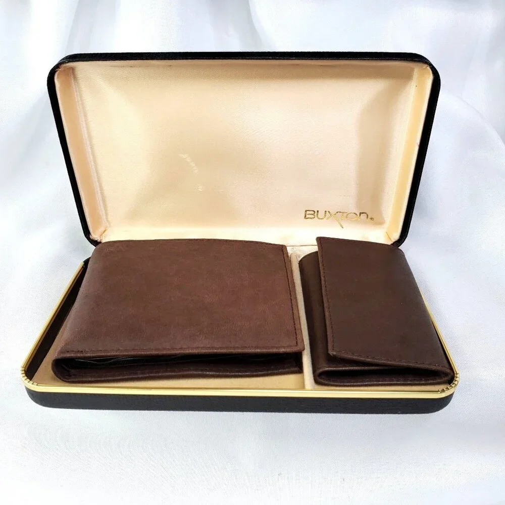 Buxton Natural Brown Mouton Leather Convertible Wallet Set With Keychain Holder